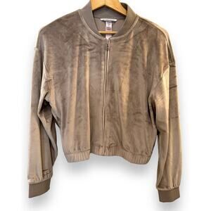 Victoria's Secret Velour Bomber Cropped Jacket Elastic Waist Taupe Sz M NWT